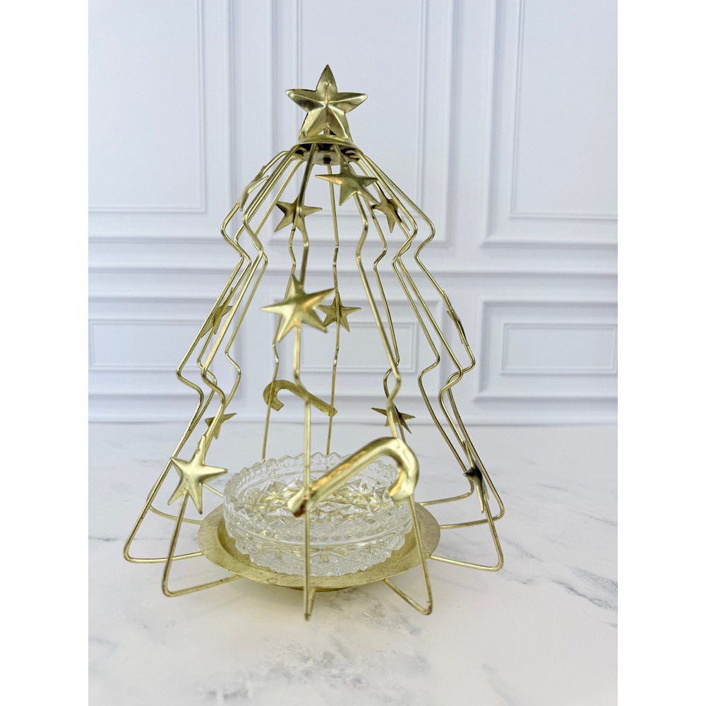 VTG Brass Christmas Tree Candle Holder with Cut Crystal Insert 9 1/2"